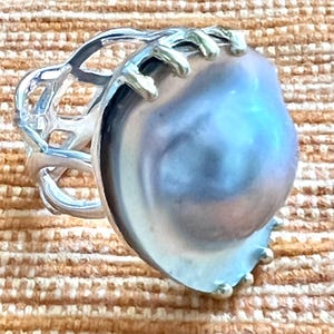 Mabe Pearl & Sterling Silver-The Queen of Gems (Size 9, Face of Ring 1”, Height .40”)
