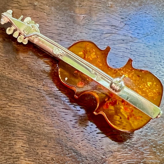 Natural Baltic Amber Violin Brooch (Sterling Silv… - image 4