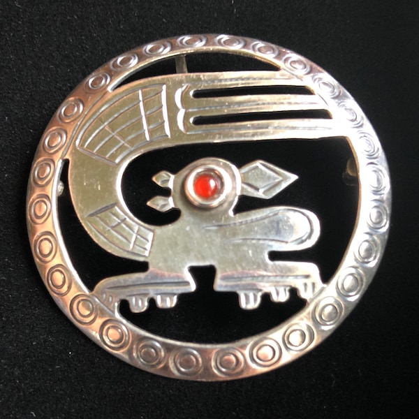 SALE 45.00 WAS 68.00 Peruvian Sterling Quetzal with Garnet Accent- (Mayan Bird Symbolism-“) 1.75”