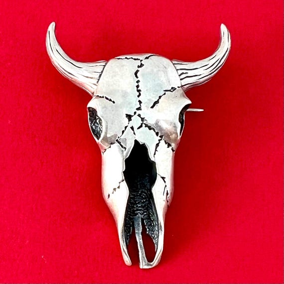 Buffalo Skull Brooch Solid Sterling Silver, Stunn… - image 1