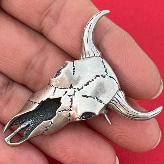 Buffalo Skull Brooch Solid Sterling Silver, Stunn… - image 7