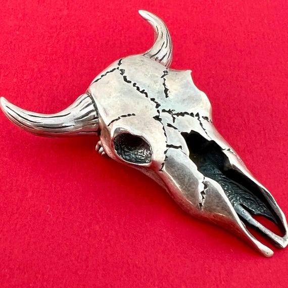 Buffalo Skull Brooch Solid Sterling Silver, Stunn… - image 2