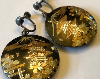 Japanese Damascene - 24k Gold Vermeil Over Sterling Silver Early 1950s- 1.5” Drop