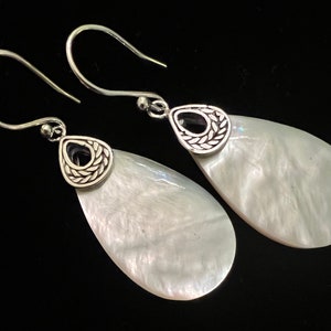 Mother of Pearl & Sterling Silver Teardrop Earrings (1.60” from the top of the ear-wire)