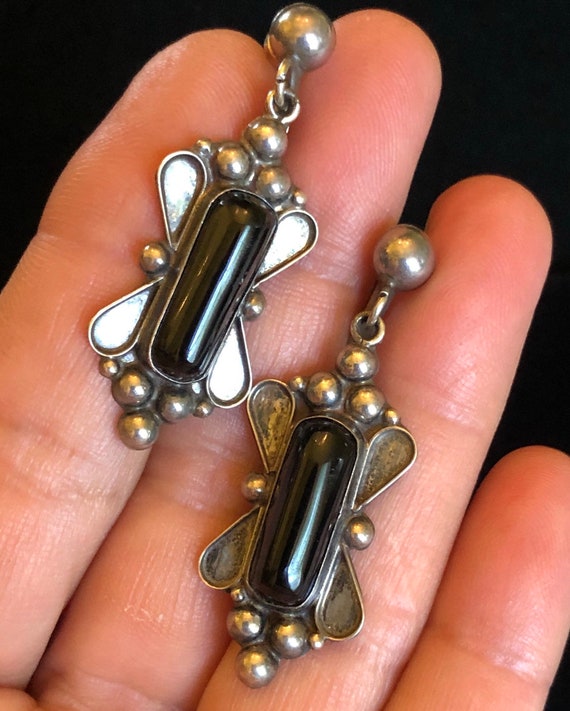 1940s Mexican Sterling Silver & Black Onyx Earrin… - image 3