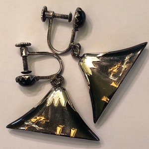 Mount Fuji Earrings- Japanese Damascene Sterling Silver 950  (1”) 1950s