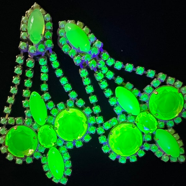 Uranium Glass Runway Earrings- Long and Lovely (Czechoslovakian, Clip-3.25”) Husar D. Jewelry