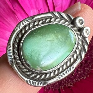 Orvil Jack Green Turquoise-Vintage Navajo Ring (1960s, Size 7, Face of Ring 1”) Sterling Silver