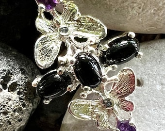 Butterfly Ring, Sterling Silver, Onyx and Amethyst, Art Nouveau (Size 6.5)