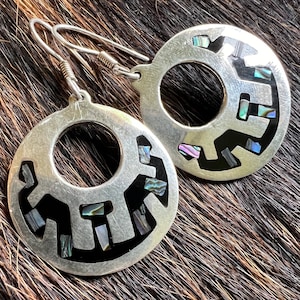 Vintage Mexican Hoop Earrings (Sterling Silver with Abalone, 1980s, Taxco) 1.95&quot; From the Top of the Ear-Wire