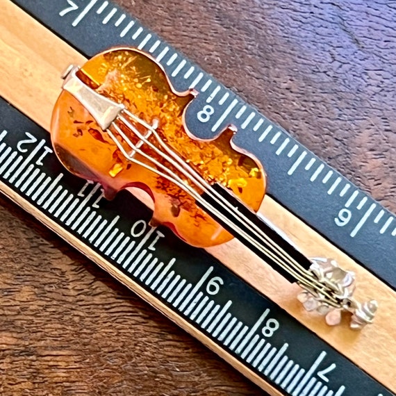 Natural Baltic Amber Violin Brooch (Sterling Silv… - image 7