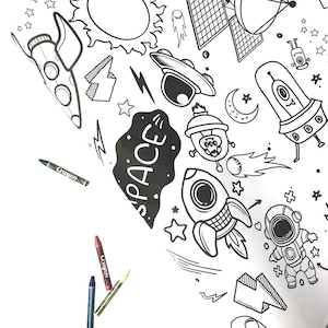 May include: A black and white illustration of a space scene with a rocket, astronaut, alien, and the word "SPACE" in a speech bubble. There are also stars, planets, and a comet.