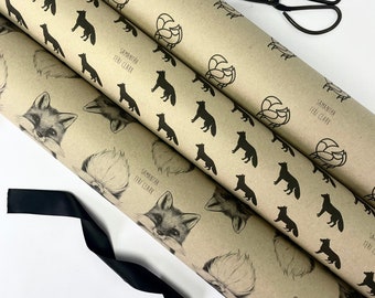 3 PACK KRAFT Personalised Gift Wrap / 100% Recyclable / Large Wrapping Paper Sheets / Fox Collection
