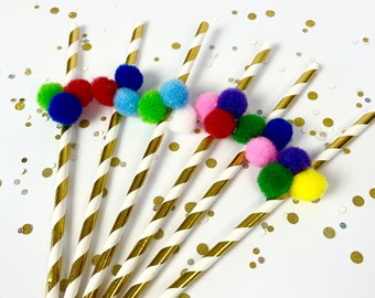 Gold striped colourful pompom party straws | Festival Mexican Fun Theme | ST001