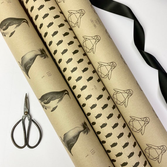 Personalised Gift Wrap / 100% Recyclable / Large Wrapping Paper Sheets /  Vintage Penguin in KRAFT 