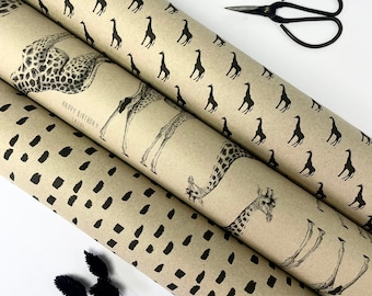 3 PACK KRAFT / Personalised Gift Wrap / 100% Recyclable / Large Wrapping Paper Sheets / Giraffe Collection