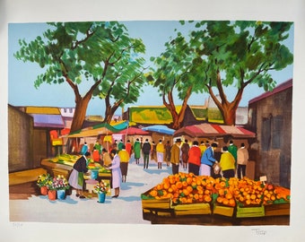 1970s Signed French Vintage lithograph by artist Andre Torre. Signed and numbered 16/300. Vintage print of “Marche Provençal” Antibes,France