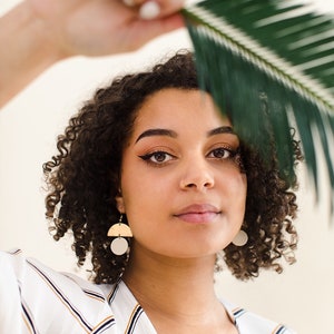 Beige Leather Earrings, Cream Leather Small Circle & Brass Half Circle Statement Geometric Earrings