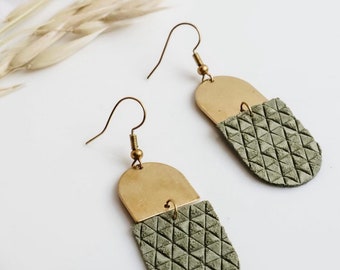 Olive Green Triangle Suede Leather with Brass Accent Earrings, Brass Earrings