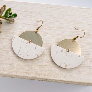 Half Moon White Cork Leather & Brass Dangle Earrings, Geometric Circle Earrings, Artisan Design