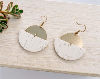 Half Moon White Cork Leather & Brass Dangle Earrings, Geometric Circle Earrings, Artisan Design