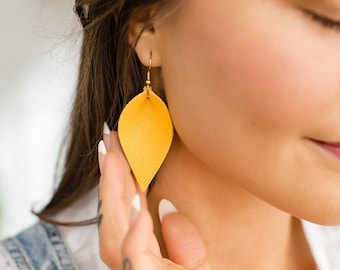 Mustard Yellow Leather Earrings, Yellow Drop Earrings, Mustard Petal Earrings, Leather Leaf Earrings, Leather Earrings