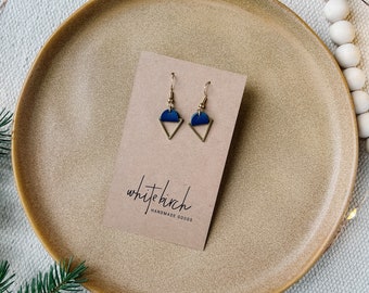 Dark Blue Leather and Brass Triangle Earrings, Raw Brass Earrings, Leather Statement Earrings