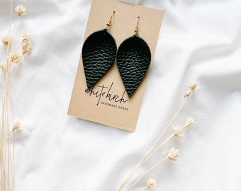 Black Leather Leaf Earrings, Distressed Leaf Design