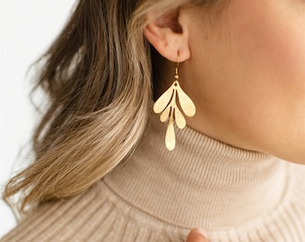 Brushed Brass Leaf Earrings, Brass Dangly Statement Earrings, Gold Jewelry, Minimalist Earrings