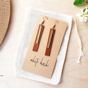 Rectangular Bar Leather Earrings with Brass Bar Accents, Long Earrings, Geometric Brass Earrings