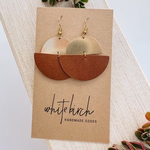 Half Moon Brown Leather & Brass Dangle Earrings, Geometric Circle Earrings, Artisan Design