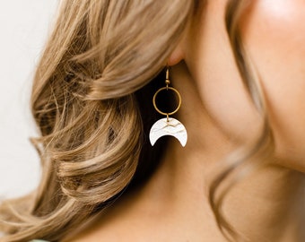 SALE - Genuine White + Gold Fleck Leather Moon Phase Earrings, Brass Ring Geometric Earrings, Celestial Earrings, Leather Earrings