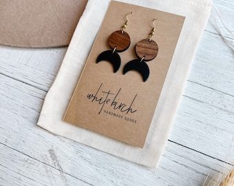 Black Leather & Walnut Wood Dangle Earrings – Minimalist Boho Jewelry