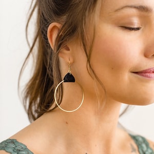 Distressed Black Leather and Brass Circle Geometric Earrings, Raw Brass Earrings, Leather Earrings