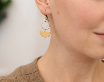 Brass Mini Circle Earrings, Small Bronze Statement Earrings, Gold Jewelry, Modern Minimalist Earrings
