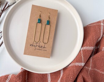 Distressed Teal Leather & Brass Oval Accent Earrings