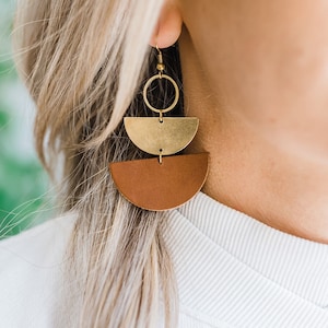 Leather Earrings, Stacked Half Moon Brown Leather & Brass Dangle Earrings, Geometric Earrings, Canadian Artisan Trademarked by Whitebirch