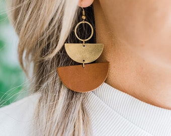 Leather Earrings, Stacked Half Moon Brown Leather & Brass Dangle Earrings, Geometric Circle Earrings, Canadian Artisan