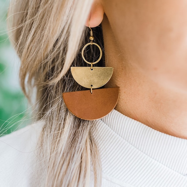 Leather Earrings, Stacked Half Moon Brown Leather & Brass Dangle Earrings, Geometric Circle Earrings, Canadian Artisan