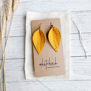 Goldenrod Yellow Leather Earrings, Braided Mustard Yellow Leather Earrings, Leather Earrings