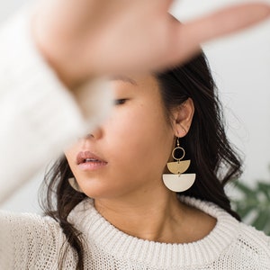 Half Circle Beige Leather Earrings, Stacked Half Moon Leather & Brass Dangle Earrings, Geometric Circle Earrings