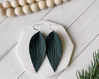 Forest Green Leather Earrings, Dark Green Leather Leaf Earrings, Green Earrings, Leather Earrings