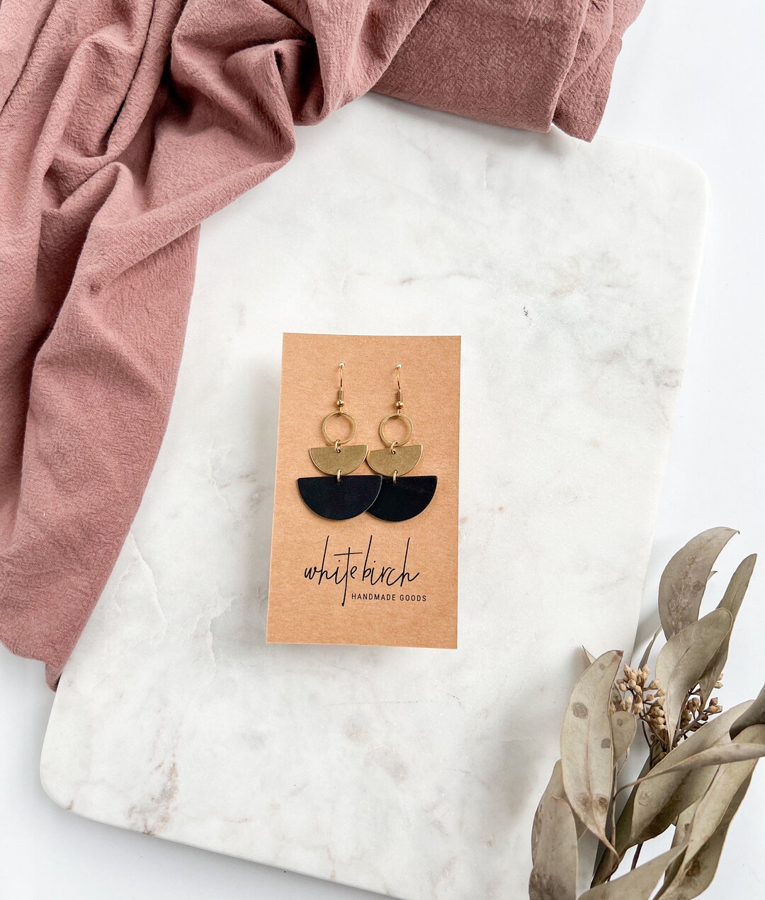 Mini Black Leather Stacked Half Moon Brass Dangle Earrings Geometric Circle Earrings