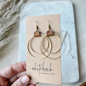 Distressed Brown Leather and Brass Circle Geometric Earrings, Raw Brass Earrings, Leather Earrings, Large Statement Earrings image 5