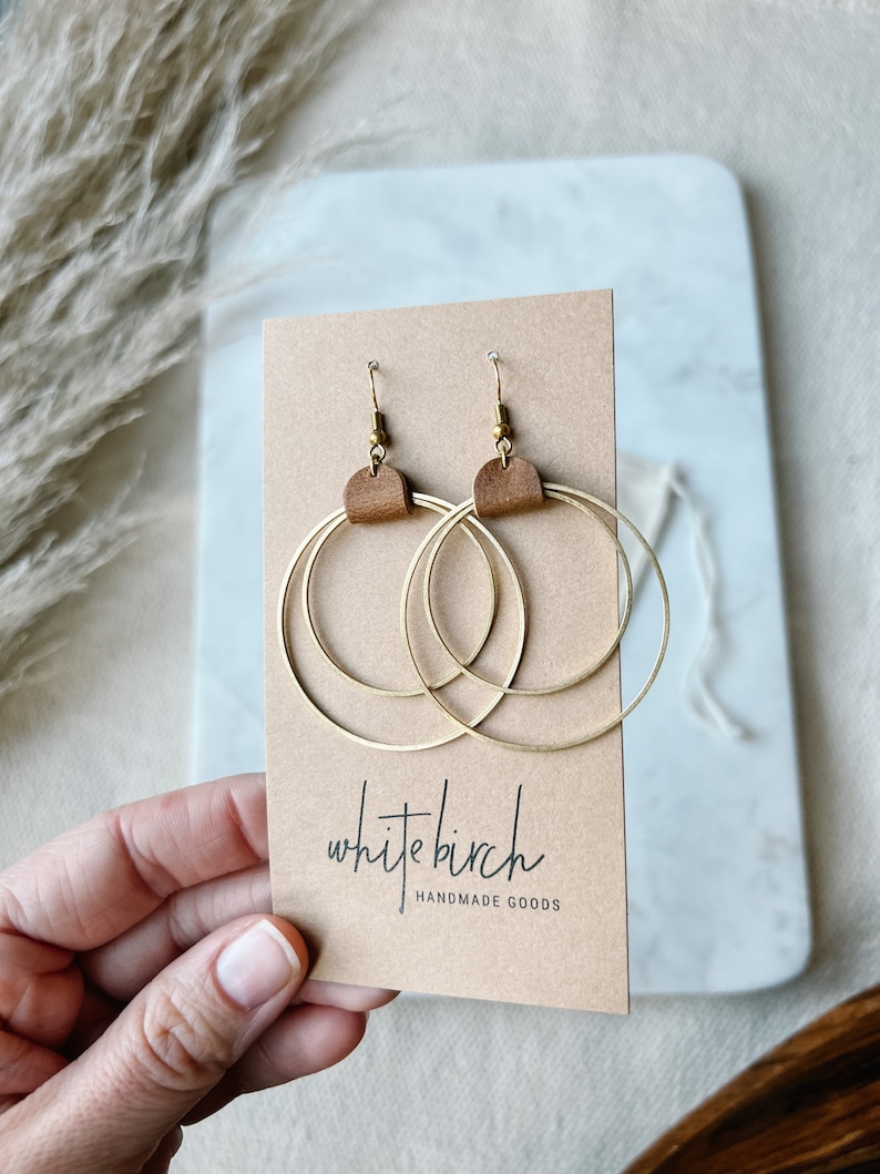 Distressed Brown Leather and Brass Circle Geometric Earrings, Raw Brass Earrings, Leather Earrings, Large Statement Earrings image 5