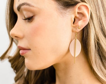 Blush Pink Leather Earrings, Petal Shape Leather & Brass Bar Statement Geometric Earrings