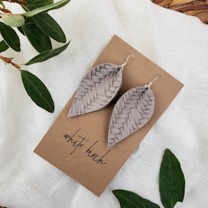 SALE - Stone Grey Braided Pinched Leather Large Leaf Earrings, Grey Leather Earrings, Leather Earrings