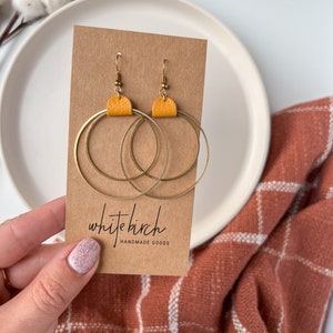 Mustard Yellow Leather and Brass Circle Geometric Earrings, Raw Brass Earrings, Leather Earrings, Large Statement Earrings