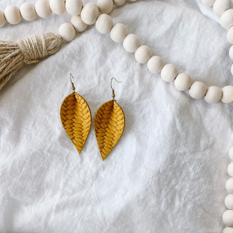 Goldenrod Yellow Leather Earrings Braided Mustard Yellow Etsy