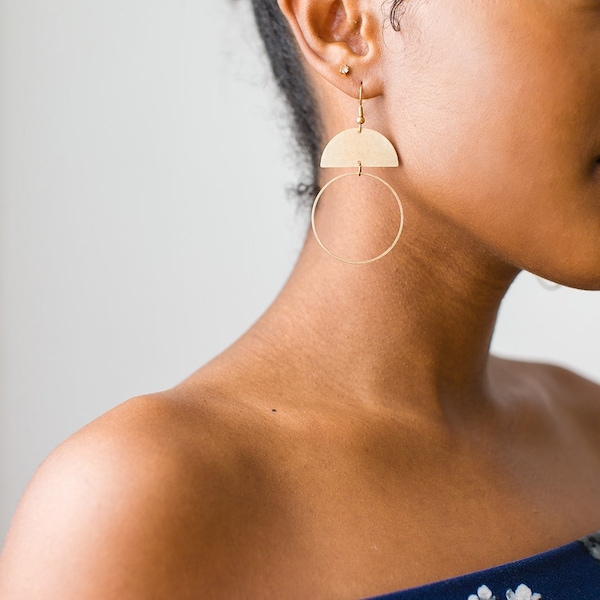 Brass Half Moon Earrings, Brass Circle Statement Earrings, Gold Jewelry, Modern Minimalist Earrings